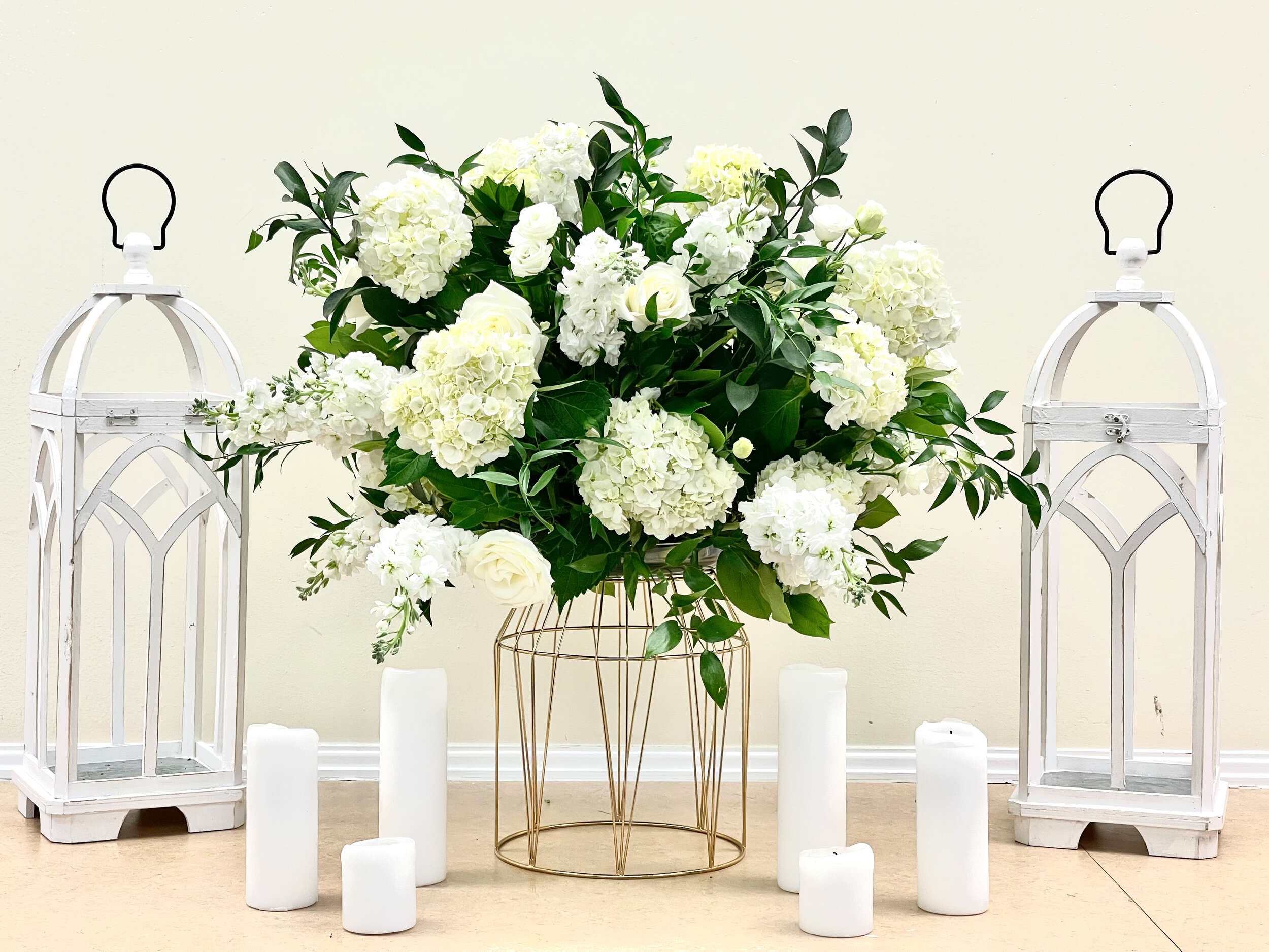 Green and white Tall Centerpiece with gold accents