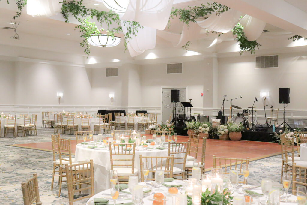 Ceiling floral installation at Seaview Dolce Hotel by Garden in the Pines, luxury wedding transformation creating immersive atmosphere